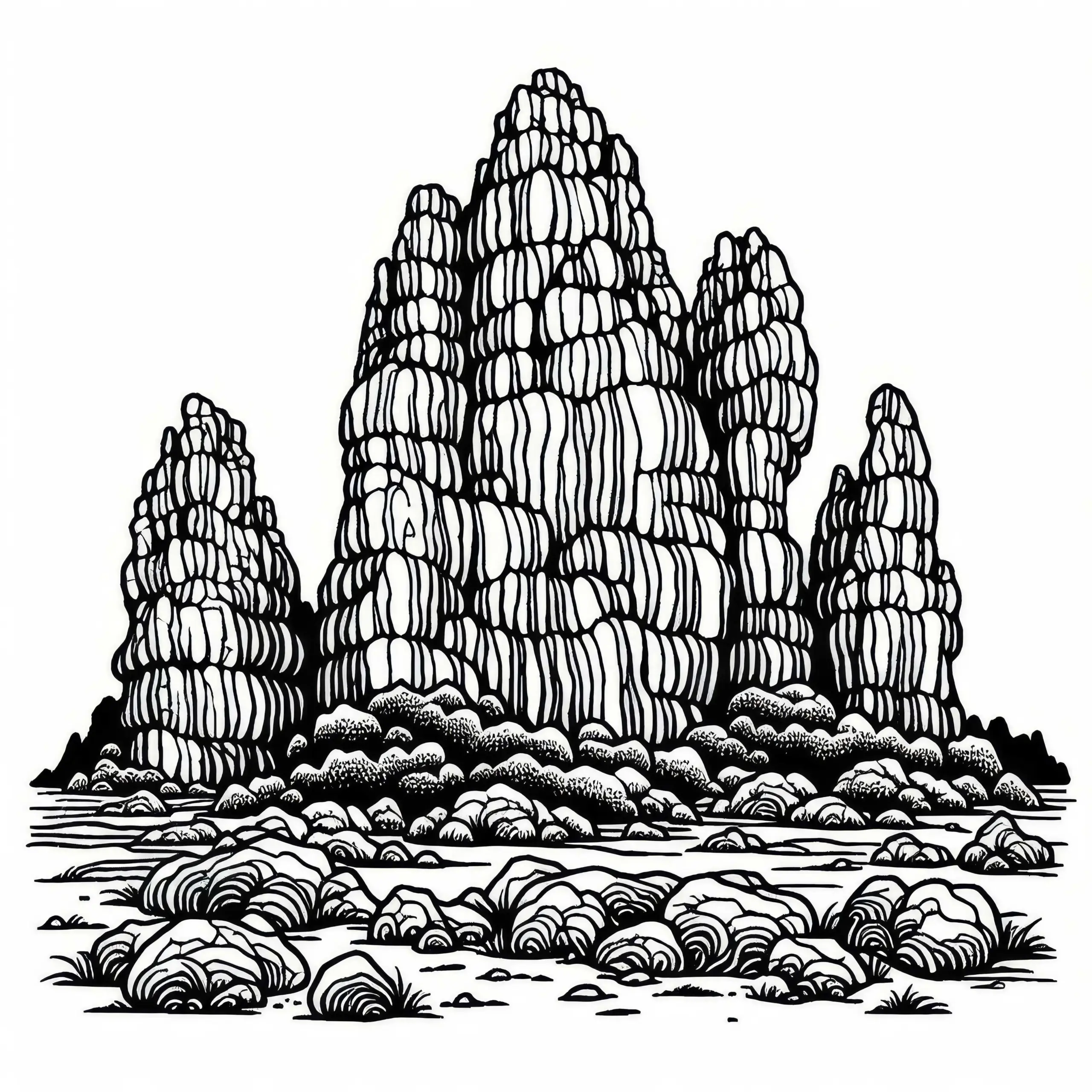 Felsen mit ungewöhnlichen Formen als Ausmalbild in einer Karstlandschaft kostenlos
