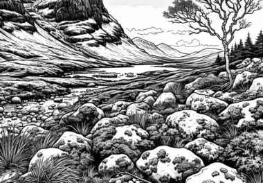 Felsen und Moos zwischen im Hochland – Ausmalbild kostenlos