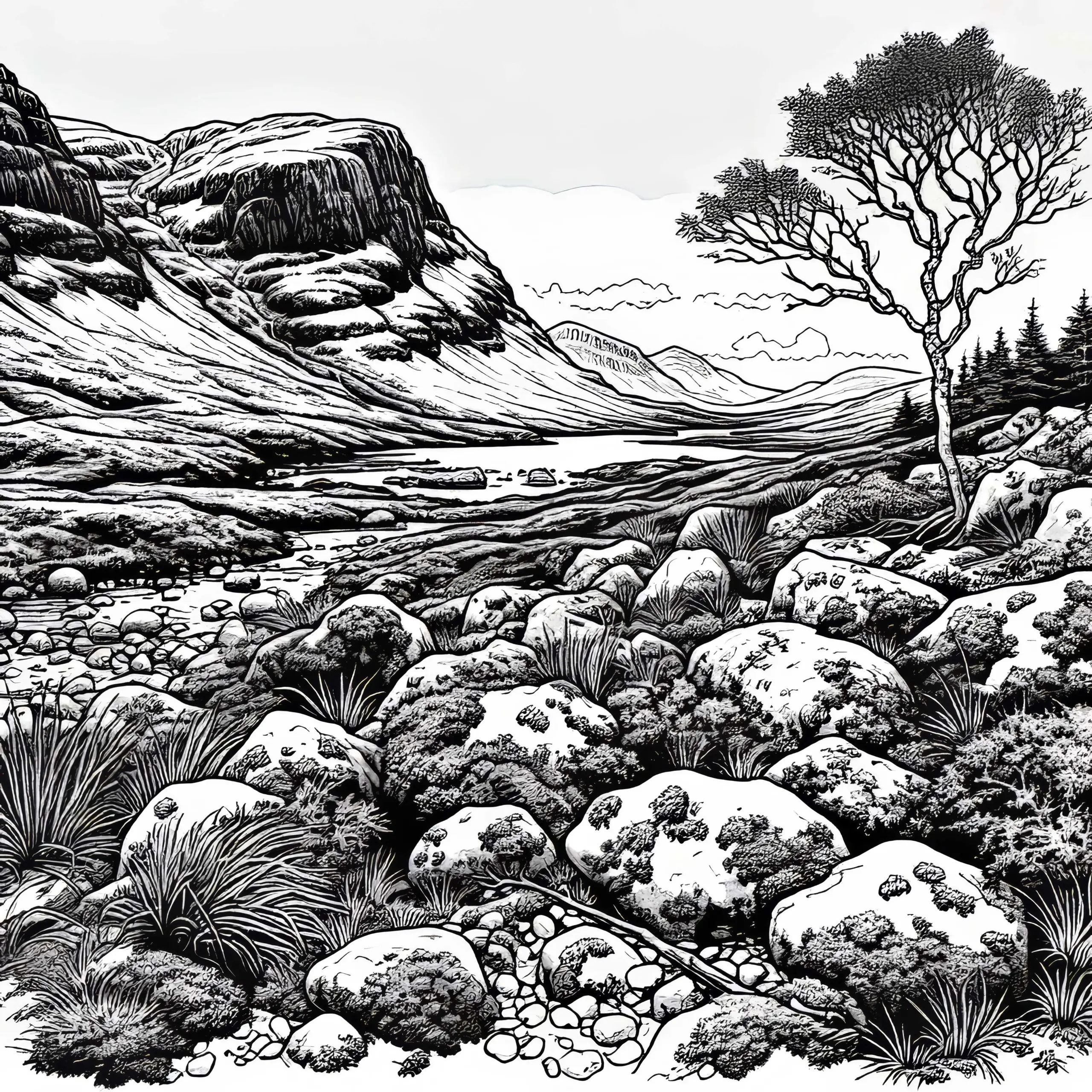 Felsen und Moos zwischen im Hochland – Ausmalbild kostenlos