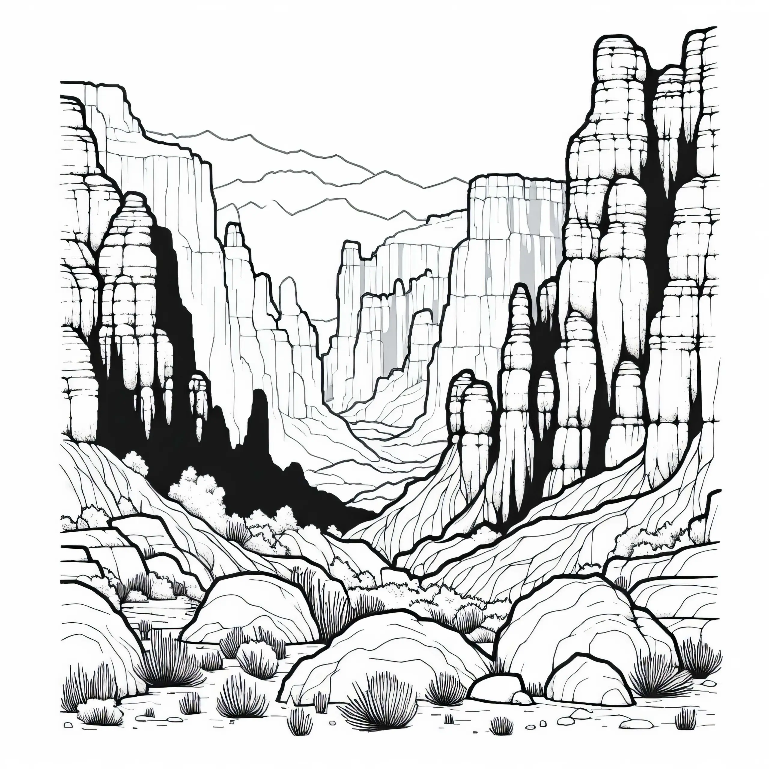Felsformationen im Canyon – Malvorlage kostenlos downloaden (Ausmalbild)