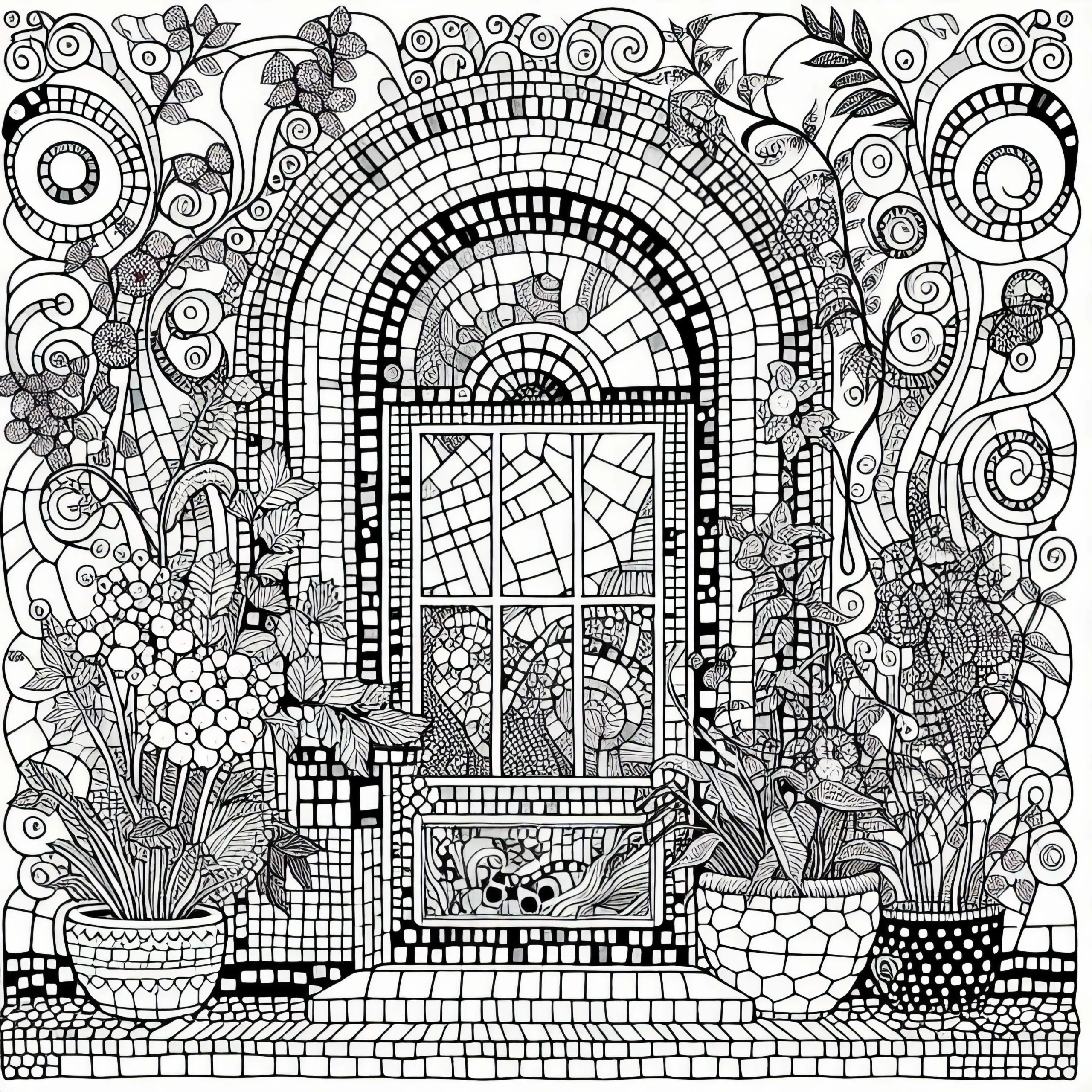 Fenster mit Mosaikflächen: Ausmalbild im Stil von Friedensreich Hundertwasser (Kostenlos)