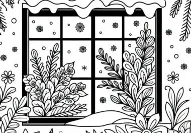 Fensterbild mit stilisierten Winterblumen als Ausmalbild kostenlos