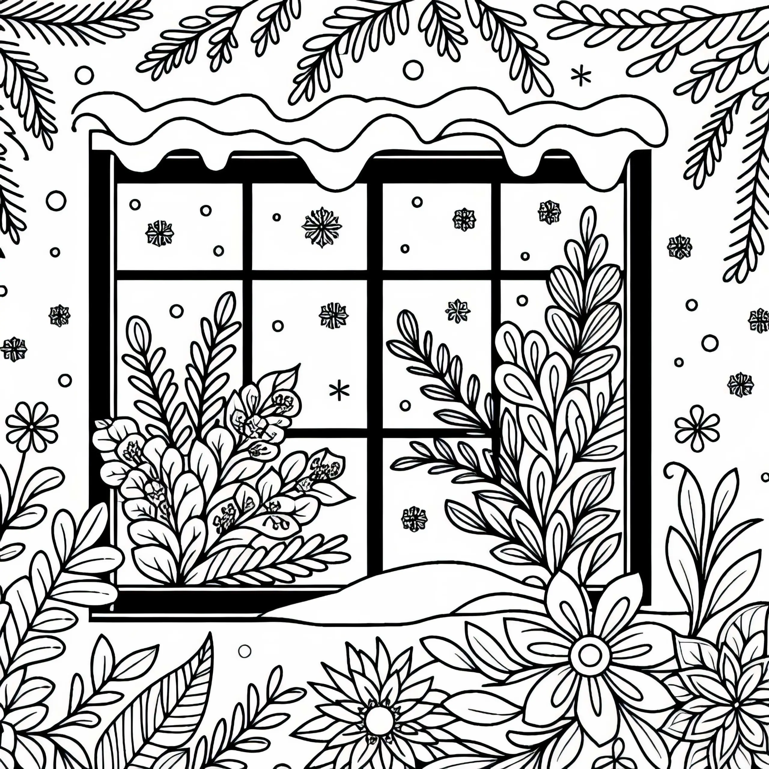 Fensterbild mit stilisierten Winterblumen als Ausmalbild kostenlos