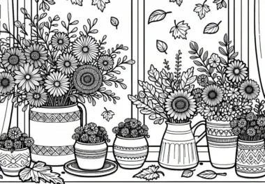 Fensterbrett mit Herbstblumen im Topf – Ausmalbild kostenlos
