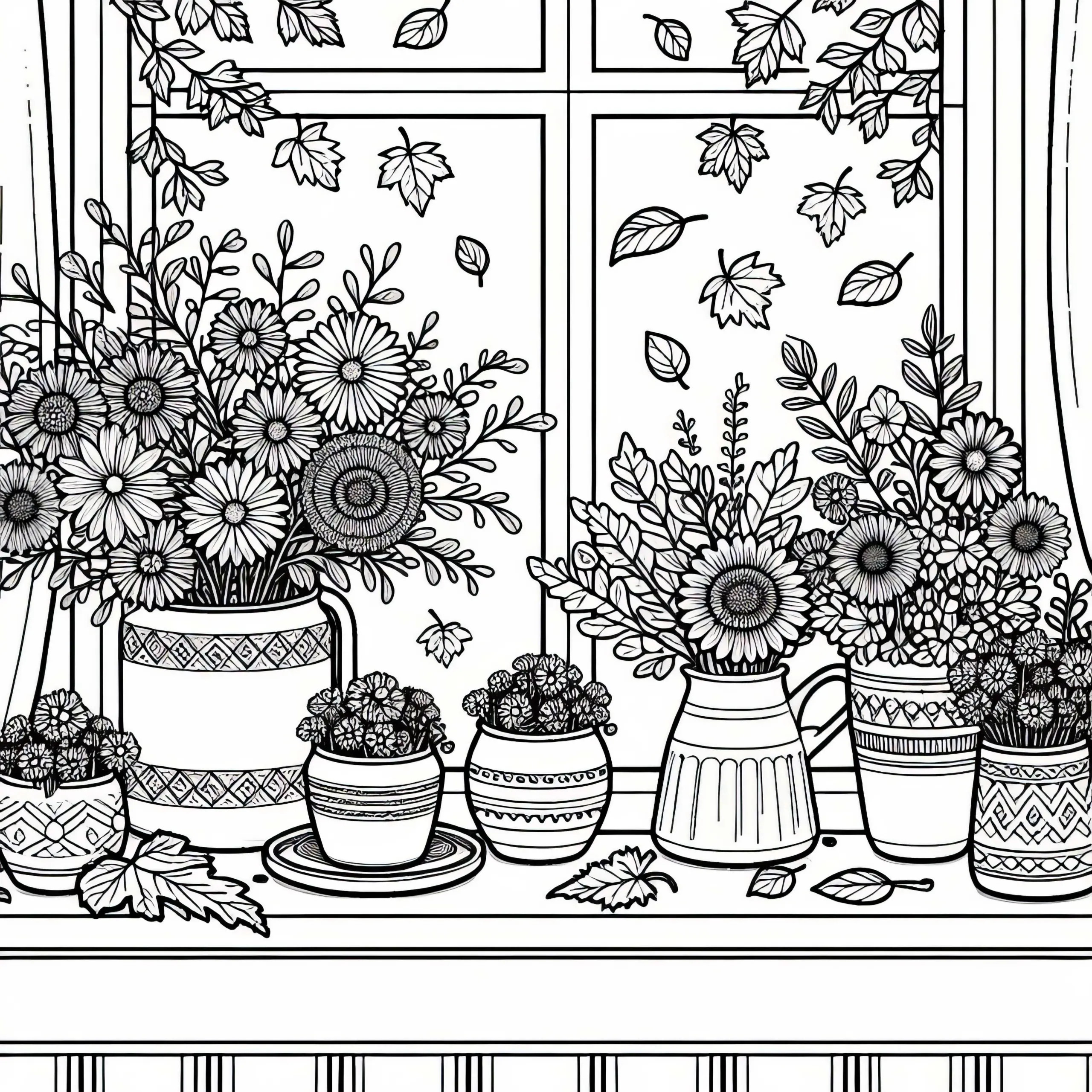 Fensterbrett mit Herbstblumen im Topf – Ausmalbild kostenlos