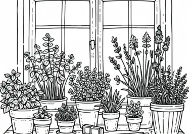 Fensterbrett mit Töpfen voller Kräuter – Ausmalbild Kräutergarten kostenlos
