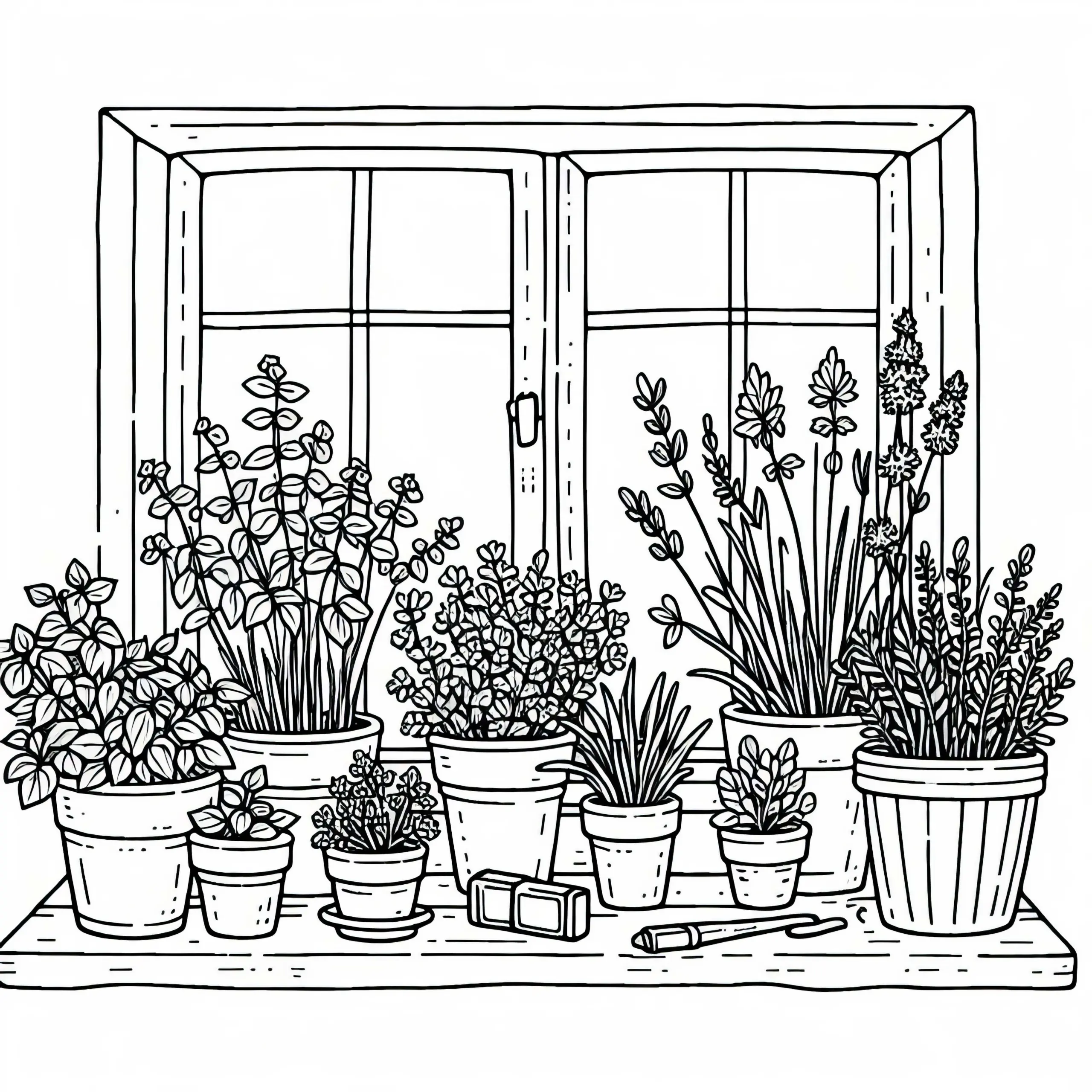 Fensterbrett mit Töpfen voller Kräuter – Ausmalbild Kräutergarten kostenlos