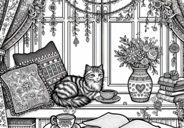 Fensterplatz mit Tasse, Buch und Katze – Malvorlage für Mädchen ab zwölf kostenlos