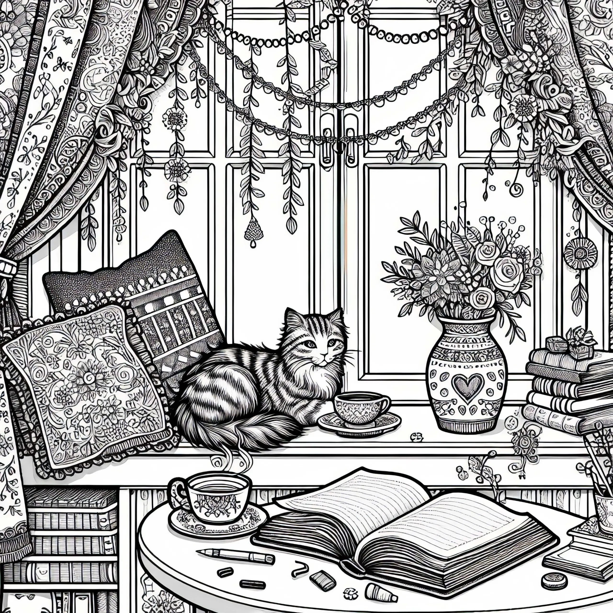 Fensterplatz mit Tasse, Buch und Katze – Malvorlage für Mädchen ab zwölf kostenlos (Ausmalbild)