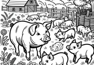 Ferkel toben um ihre Mutter auf der Weide – Malvorlage kostenlos