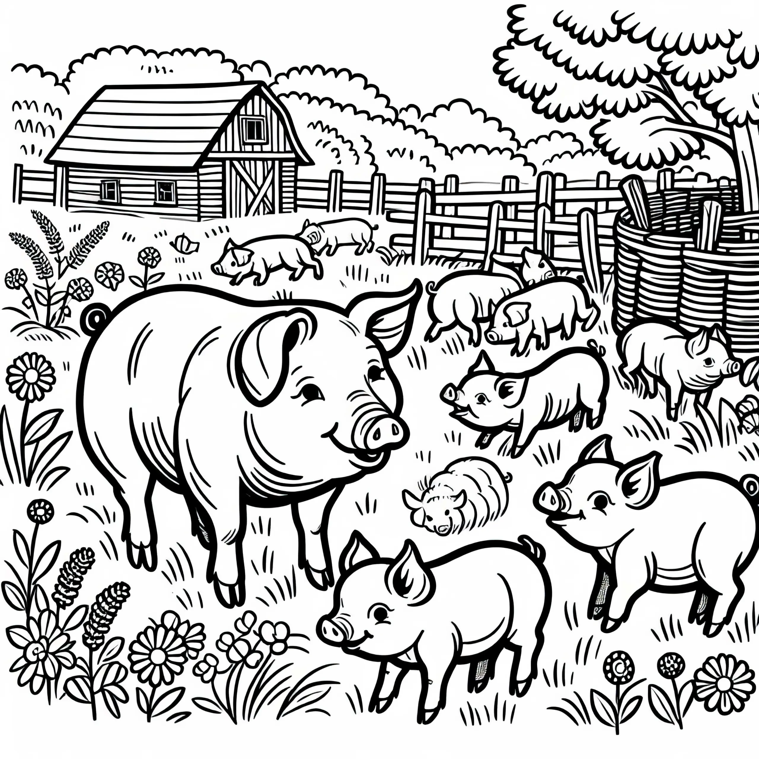 Ferkel toben um ihre Mutter auf der Weide – Malvorlage kostenlos (Ausmalbild)