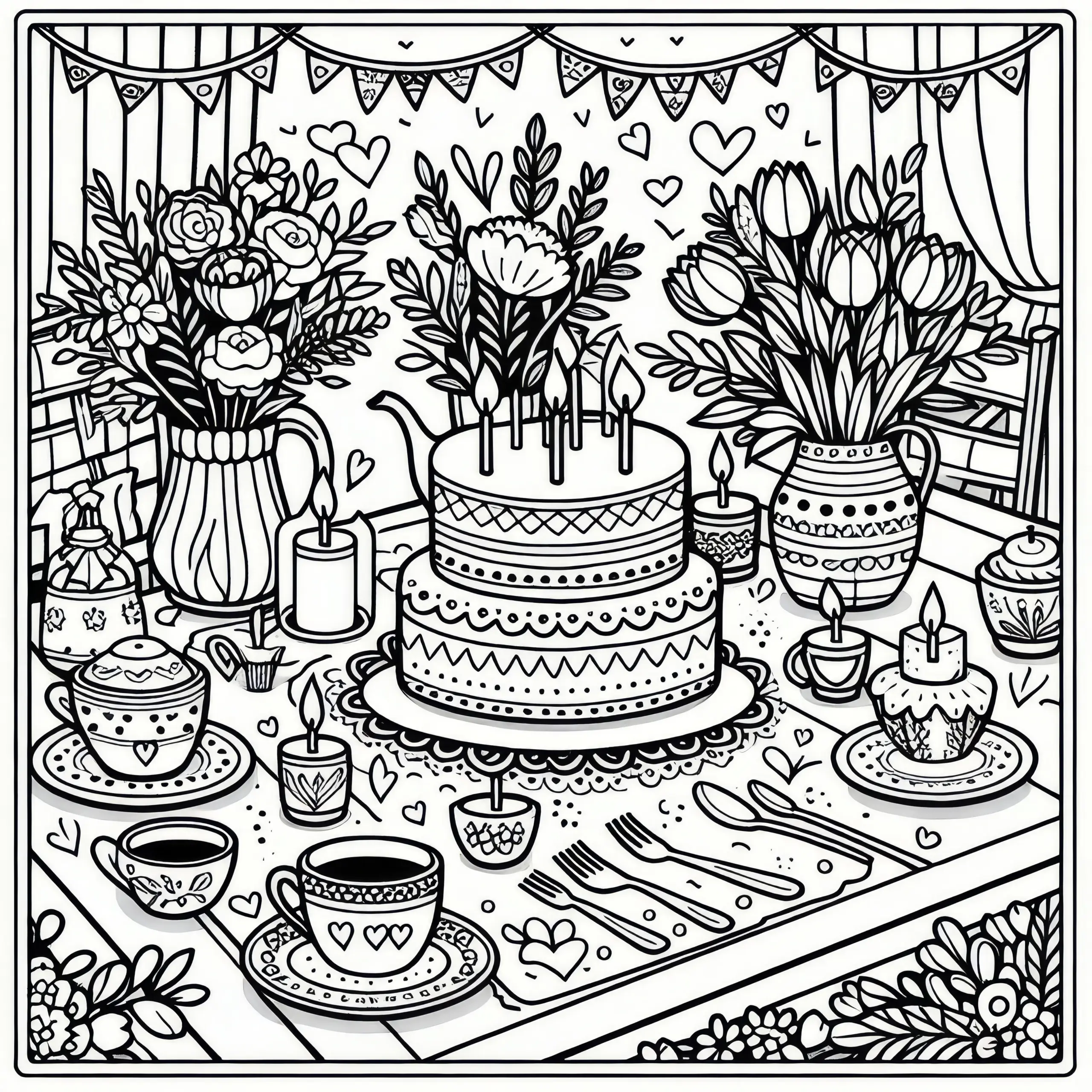 Festlich gedeckter Tisch mit Kuchen, Tee und Blumen: Ausmalbild zum Frauentag (Kostenlos)