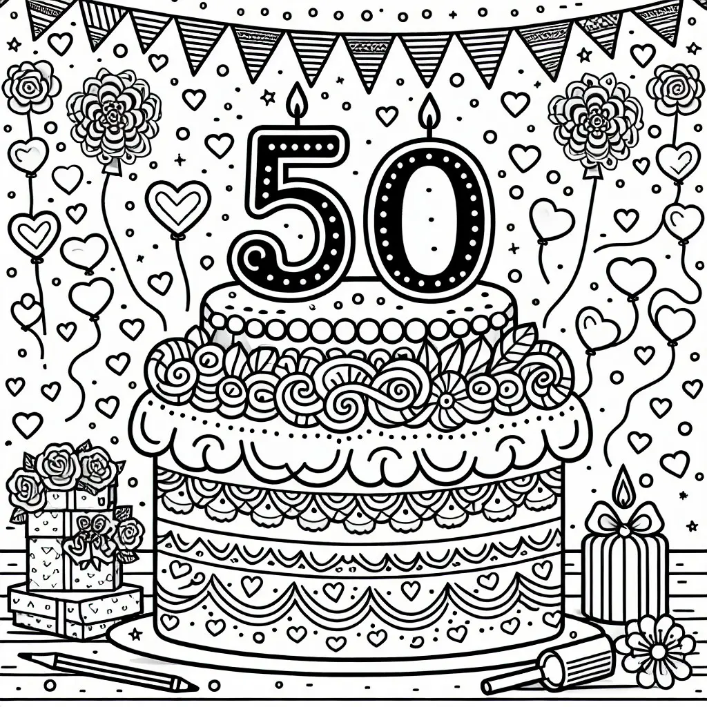 Festlich geschmückte Torte zum 50. Jubiläum: Kostenloses Ausmalbild