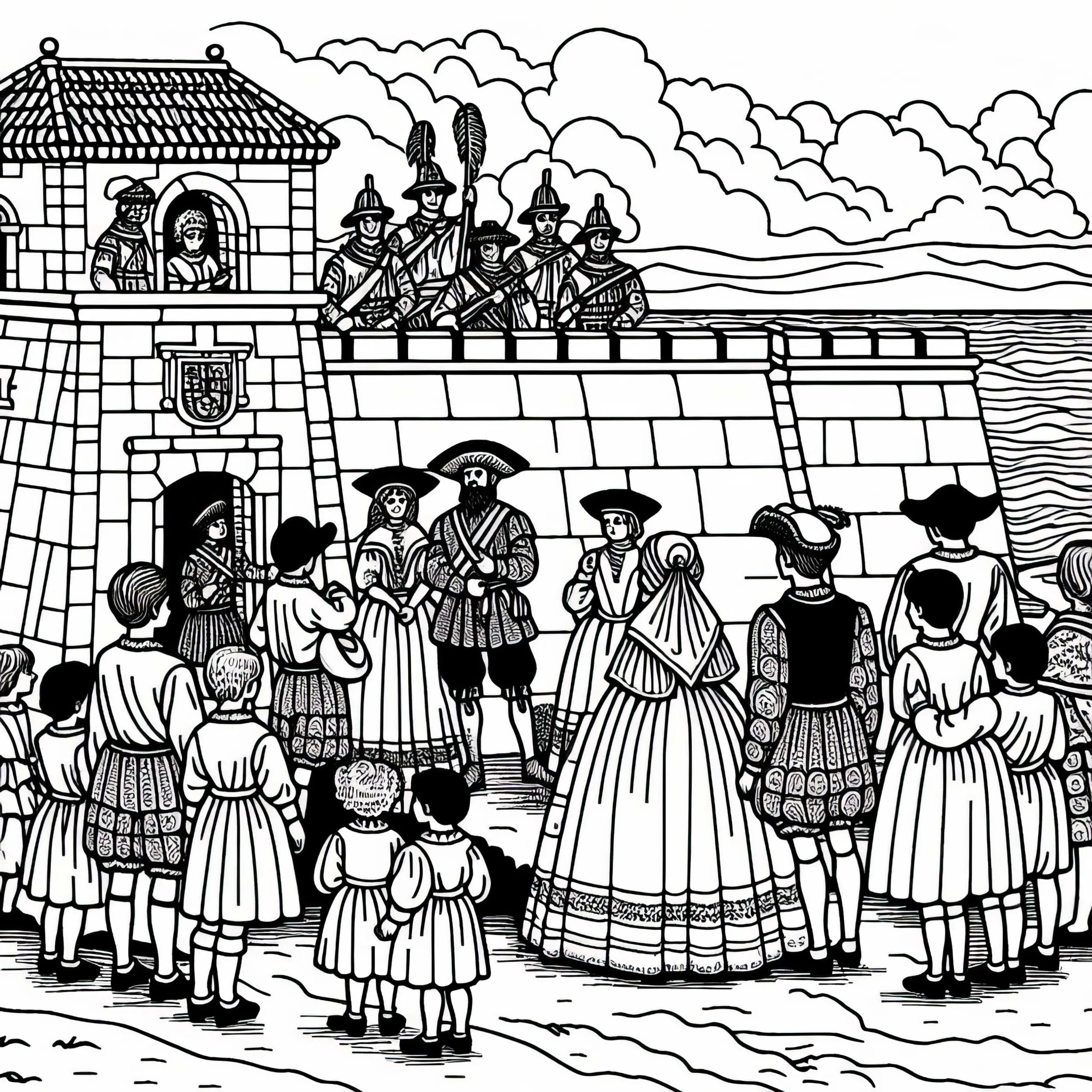 Festung am Meer – Ausmalbild aus der goldenen Zeit Spaniens