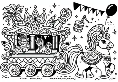 Festwagen beim Karnevalsumzug: Fasching Malvorlage Einfach & Kostenlos