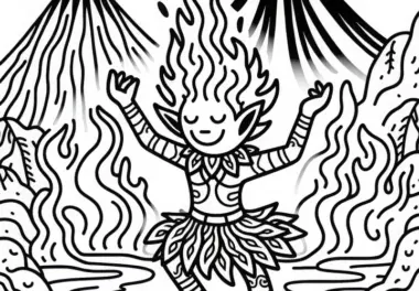 Feuergeist tanzt inmitten eines tobenden Vulkans – Ausmalbild kostenlos