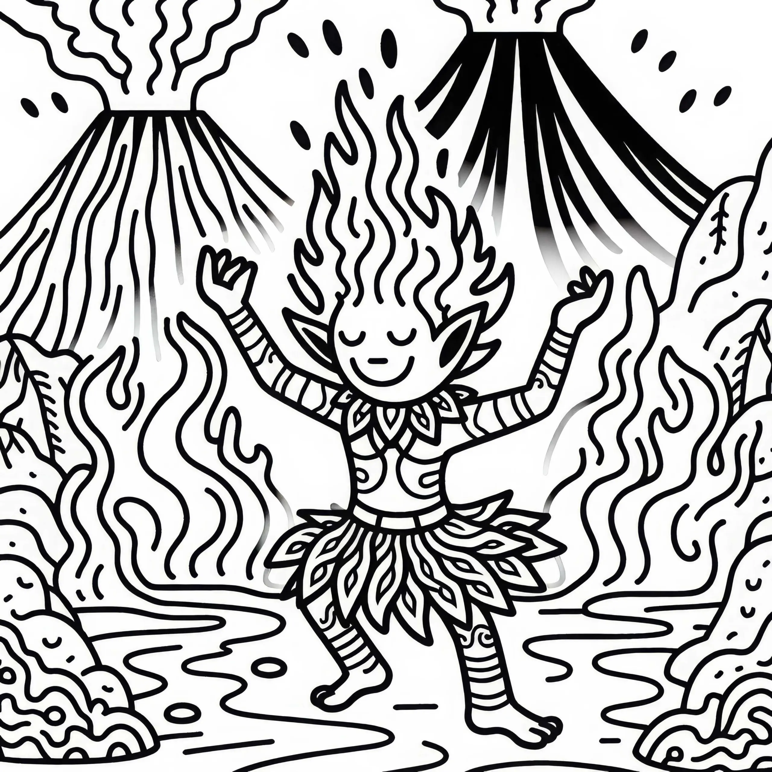 Feuergeist tanzt inmitten eines tobenden Vulkans – Ausmalbild kostenlos