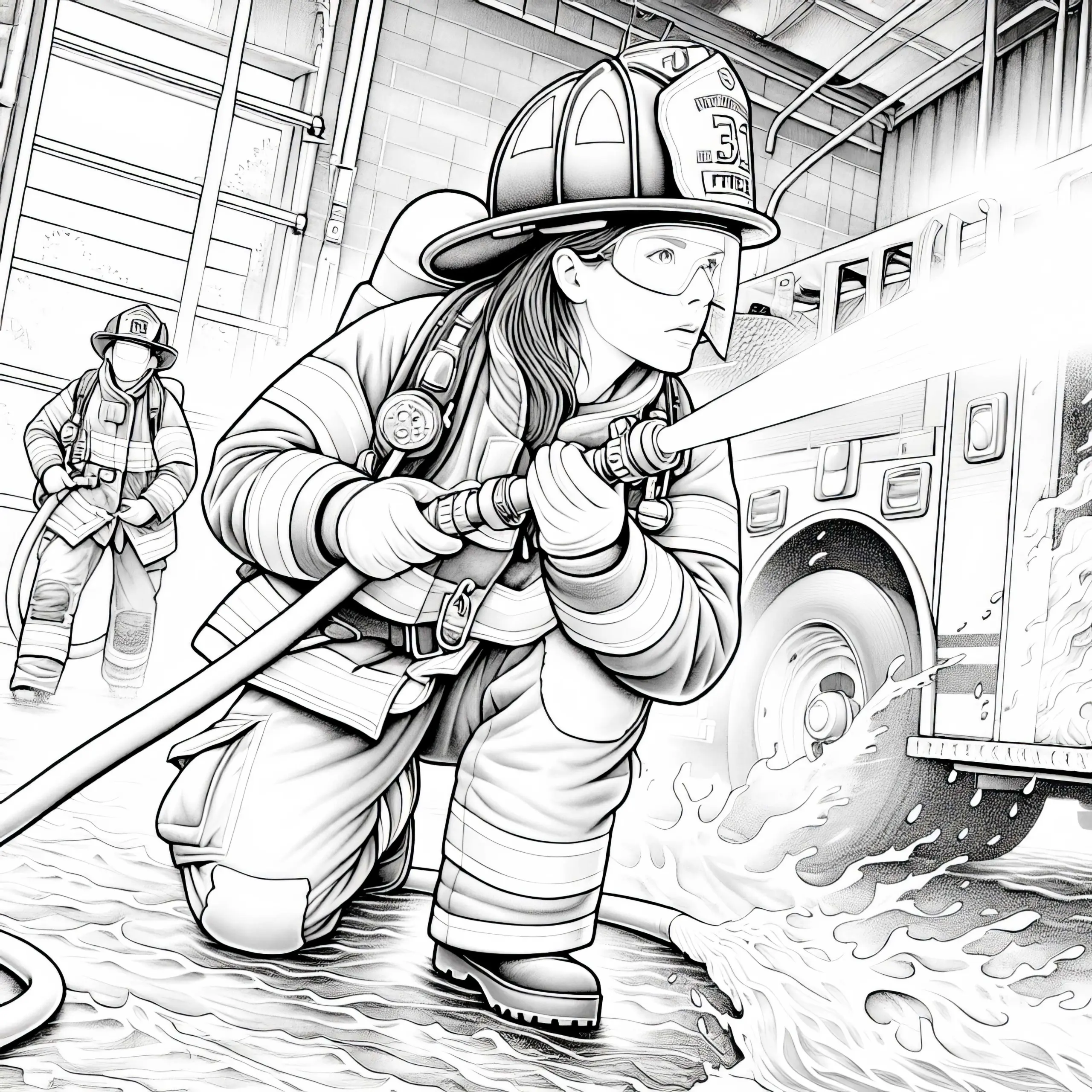 Feuerwehr löscht Feuer mit Wasserschlauch – Ausmalbild zum Download
