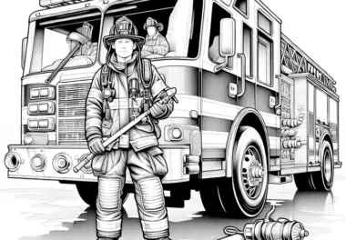 Feuerwehrauto mit Feuerwehrmann – Ausmalbild in Detailreich und Gratis