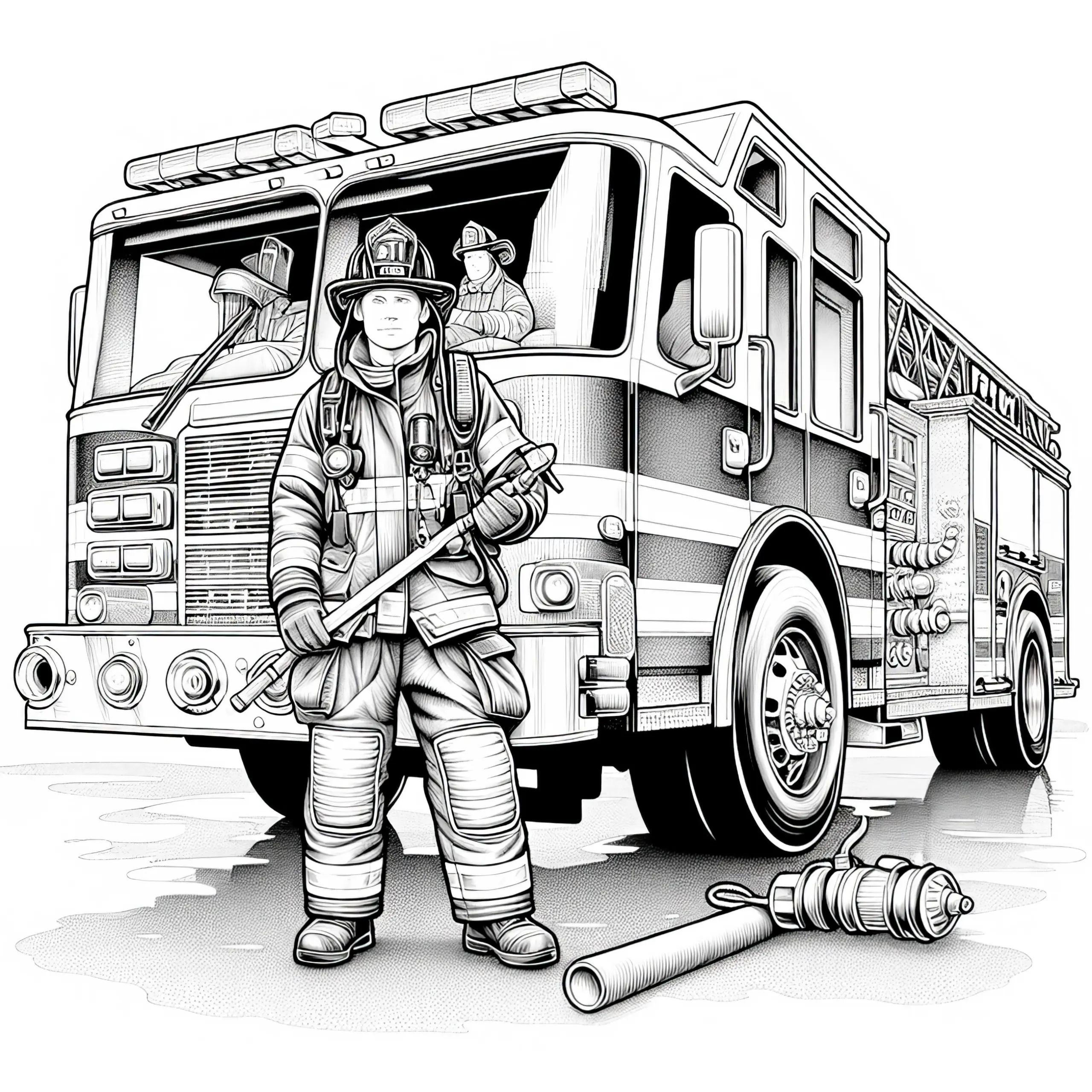 Feuerwehrauto mit Feuerwehrmann – Ausmalbild in Detailreich und Gratis