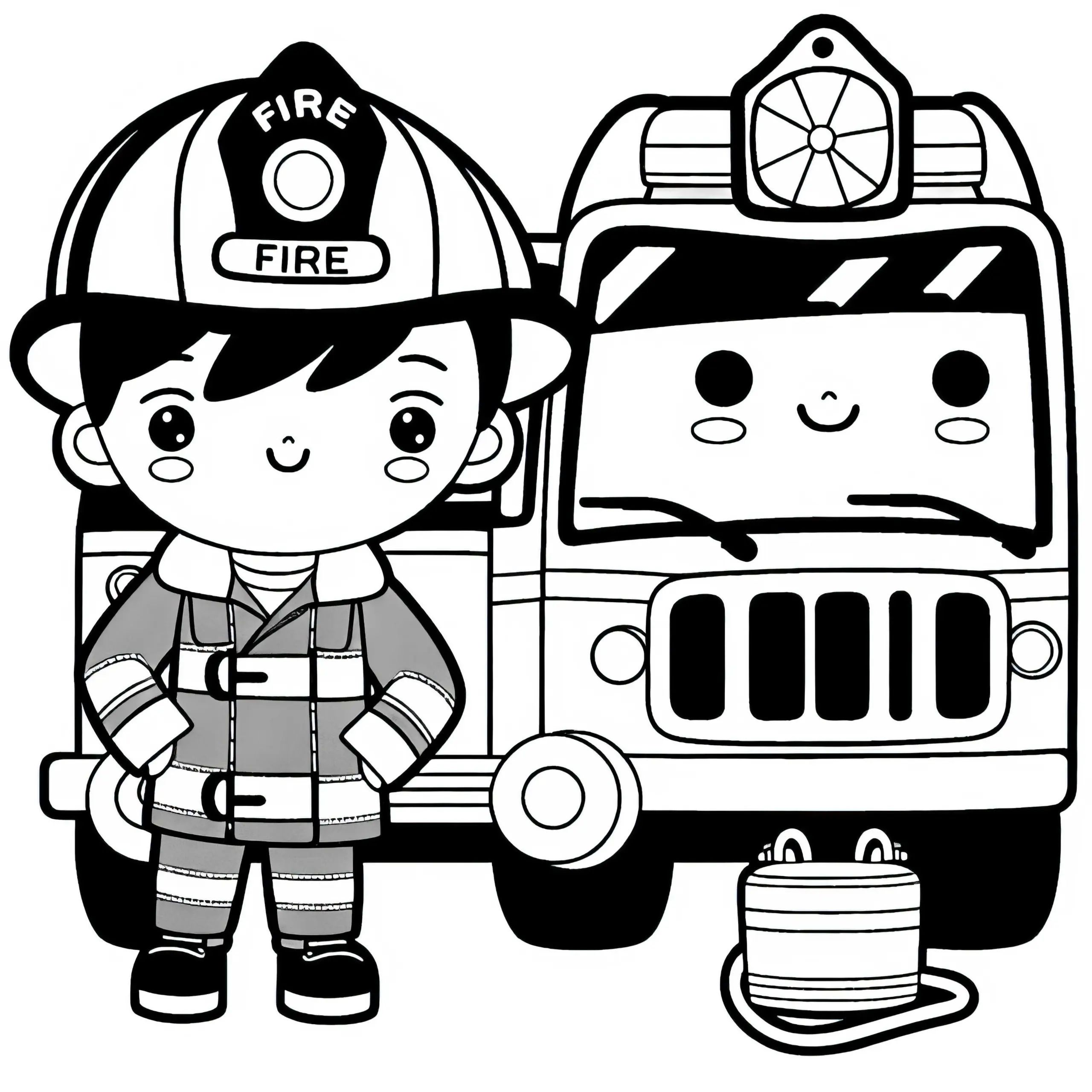 Feuerwehrauto mit Feuerwehrmann – Ausmalbild einfach und gratis