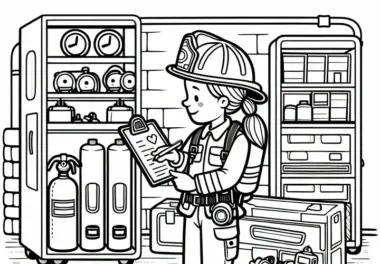 Feuerwehrfrau bei der Inspektion von Ausrüstung im Gerätehaus – Ausmalbild kostenlos