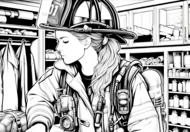 Feuerwehrfrau bei der Inspektion von Ausrüstung im Gerätehaus – Malvorlage kostenlos