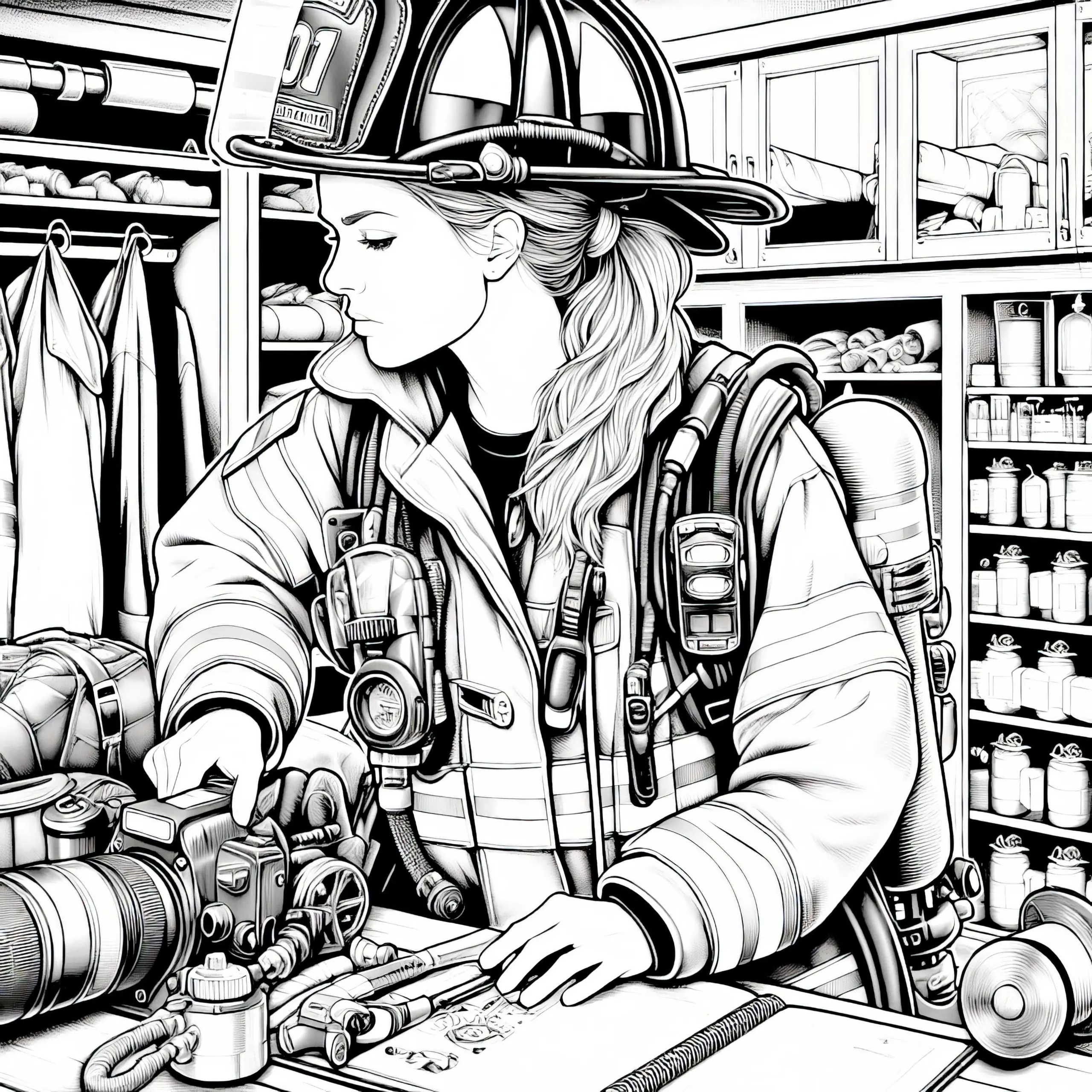Feuerwehrfrau bei der Inspektion von Ausrüstung im Gerätehaus – Malvorlage kostenlos (Ausmalbild)