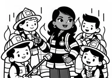 Feuerwehrfrau koordiniert Team – Ausmalbild einfach kostenlos