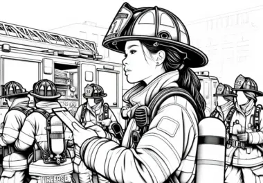 Feuerwehrfrau koordiniert Team während eines Einsatzes – Ausmalbild detailreich gratis