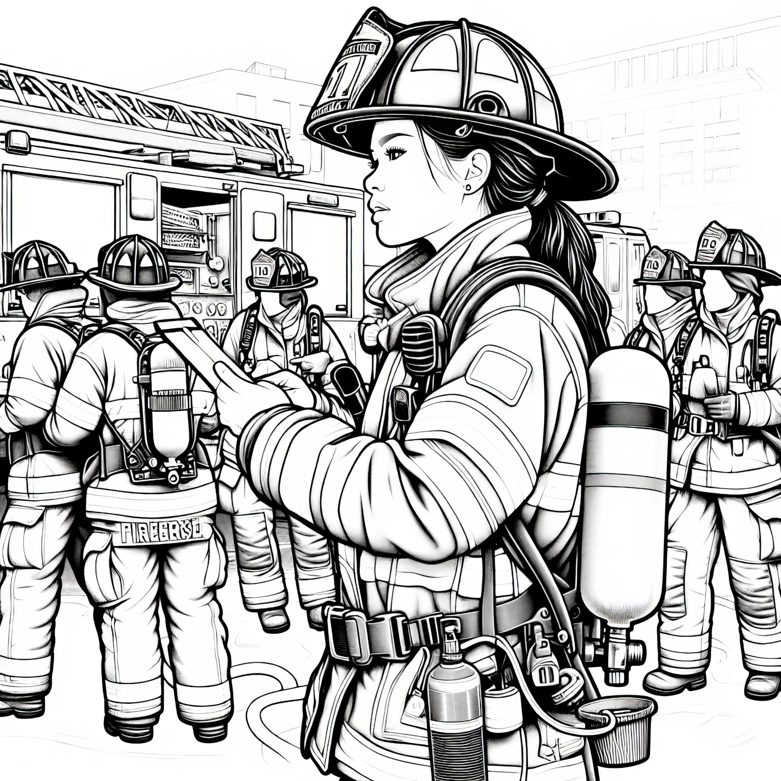 Feuerwehrfrau koordiniert Team während eines Einsatzes – Ausmalbild detailreich gratis
