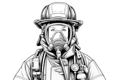 Feuerwehrfrau mit Atemschutzmaske und Schutzanzug – Ausmalbild kostenlos Downloaden