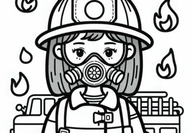 Feuerwehrfrau mit Atemschutzmaske und Schutzanzug – Ausmalbild einfach und gratis