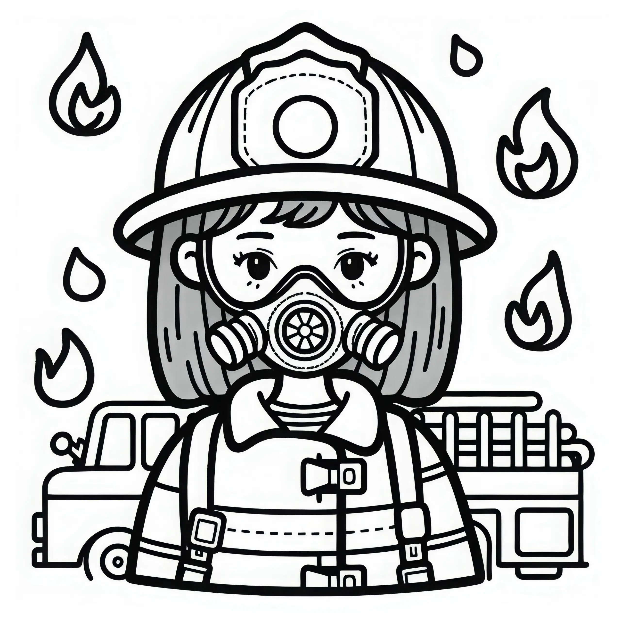Feuerwehrfrau mit Atemschutzmaske und Schutzanzug – Ausmalbild einfach und gratis