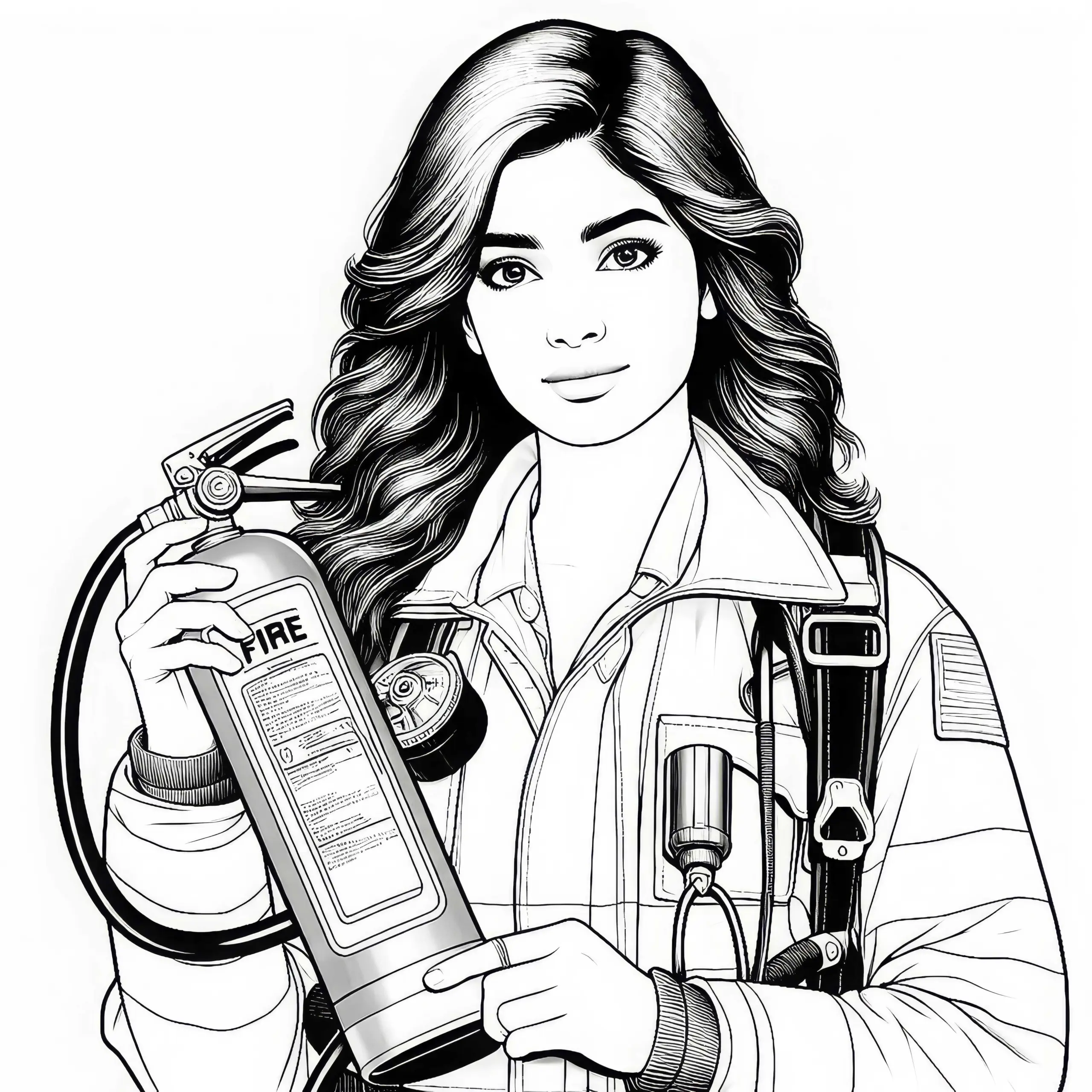 Feuerwehrfrau mit Feuerlöscher – Detailreiches Ausmalbild zum kostenlosen Download