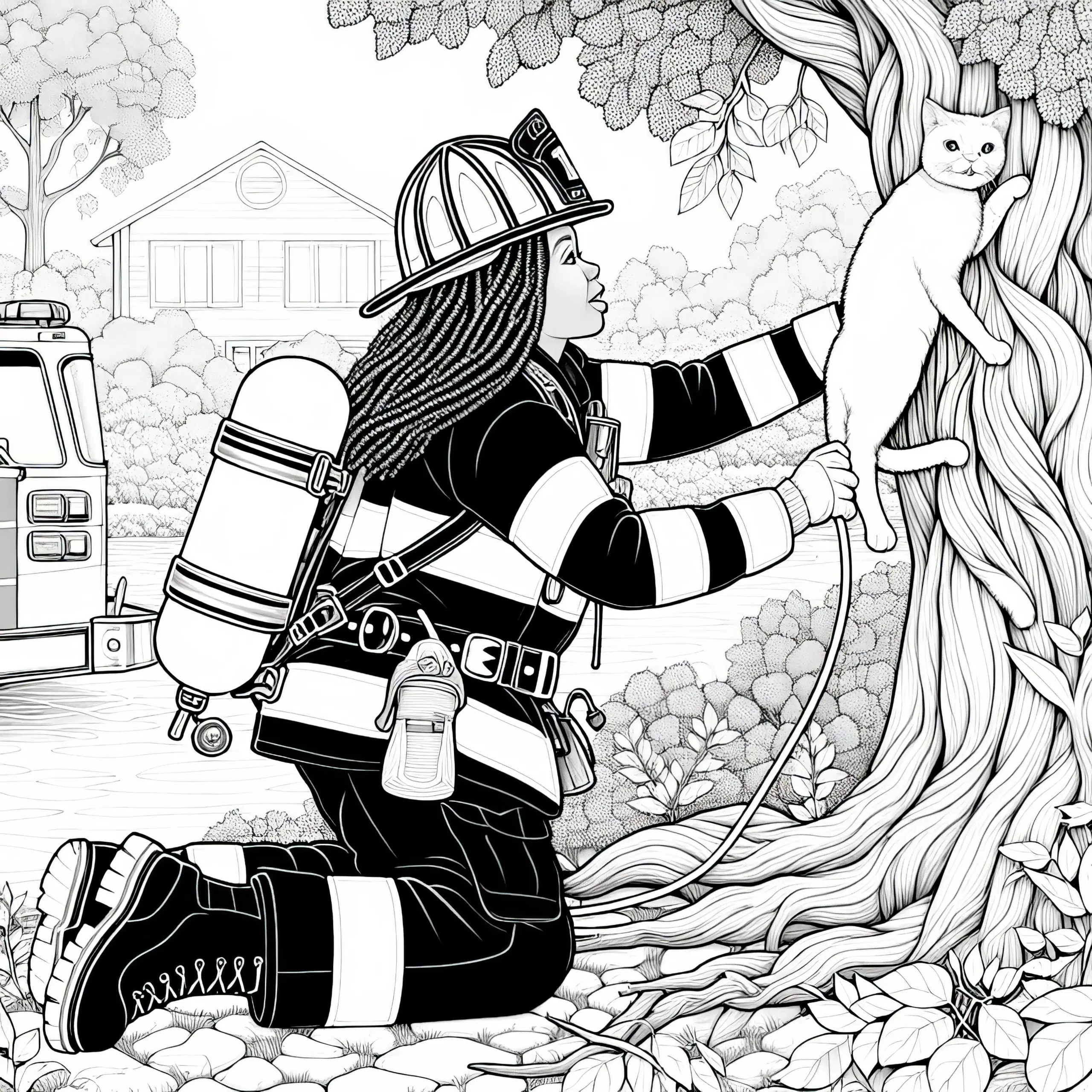 Feuerwehrfrau rettet Katze von Baum – Malvorlage kostenlos (Ausmalbild)