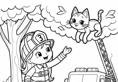 Feuerwehrfrau rettet Katze von Baum – Ausmalbild kostenlos