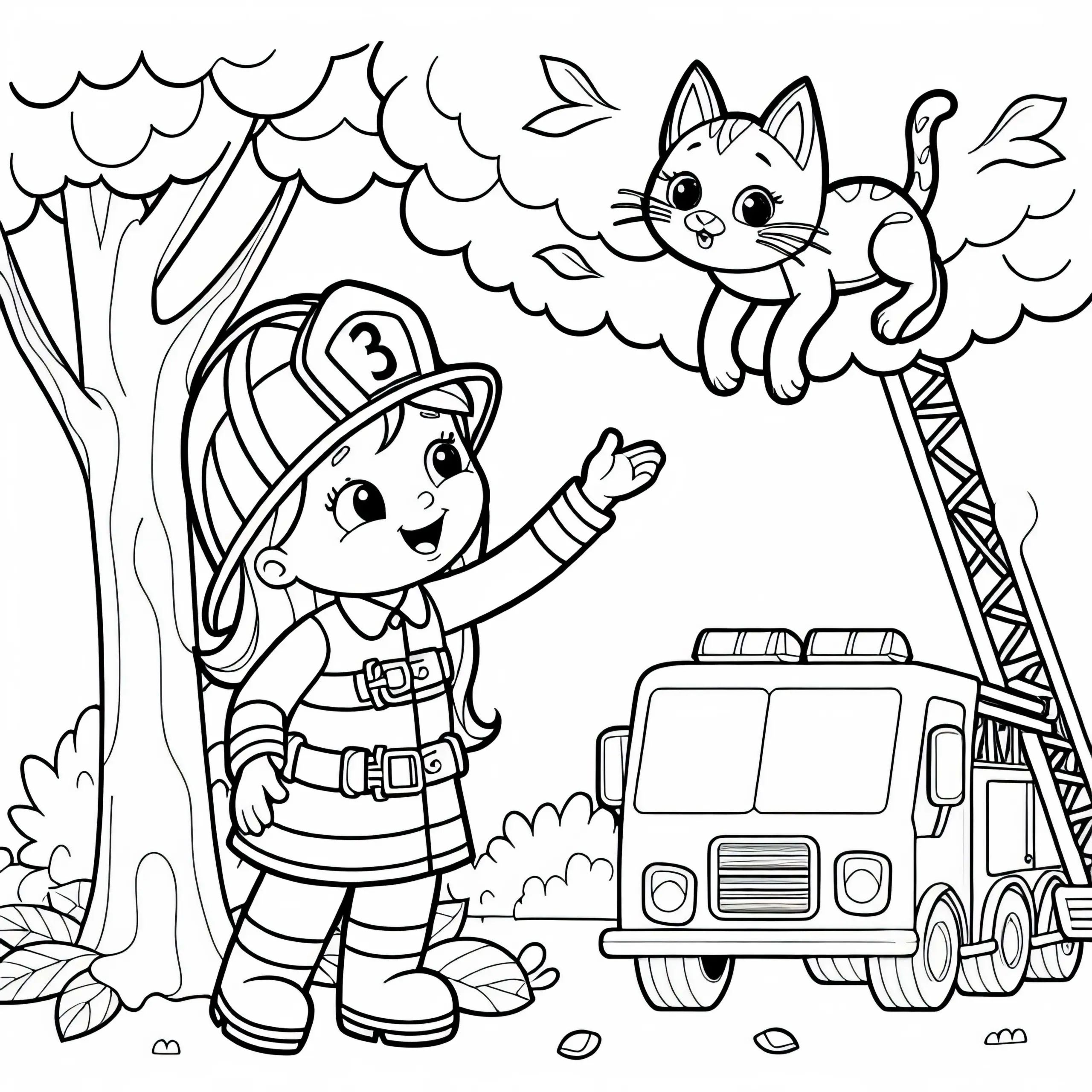 Feuerwehrfrau rettet Katze von Baum – Ausmalbild kostenlos