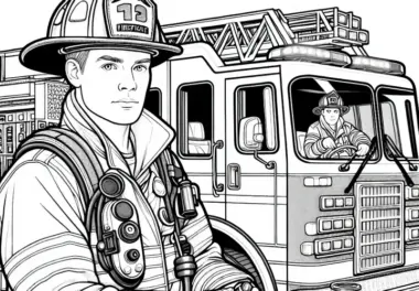 Feuerwehrmann fährt Feuerwehrauto – Ausmalbild detailreich kostenlos