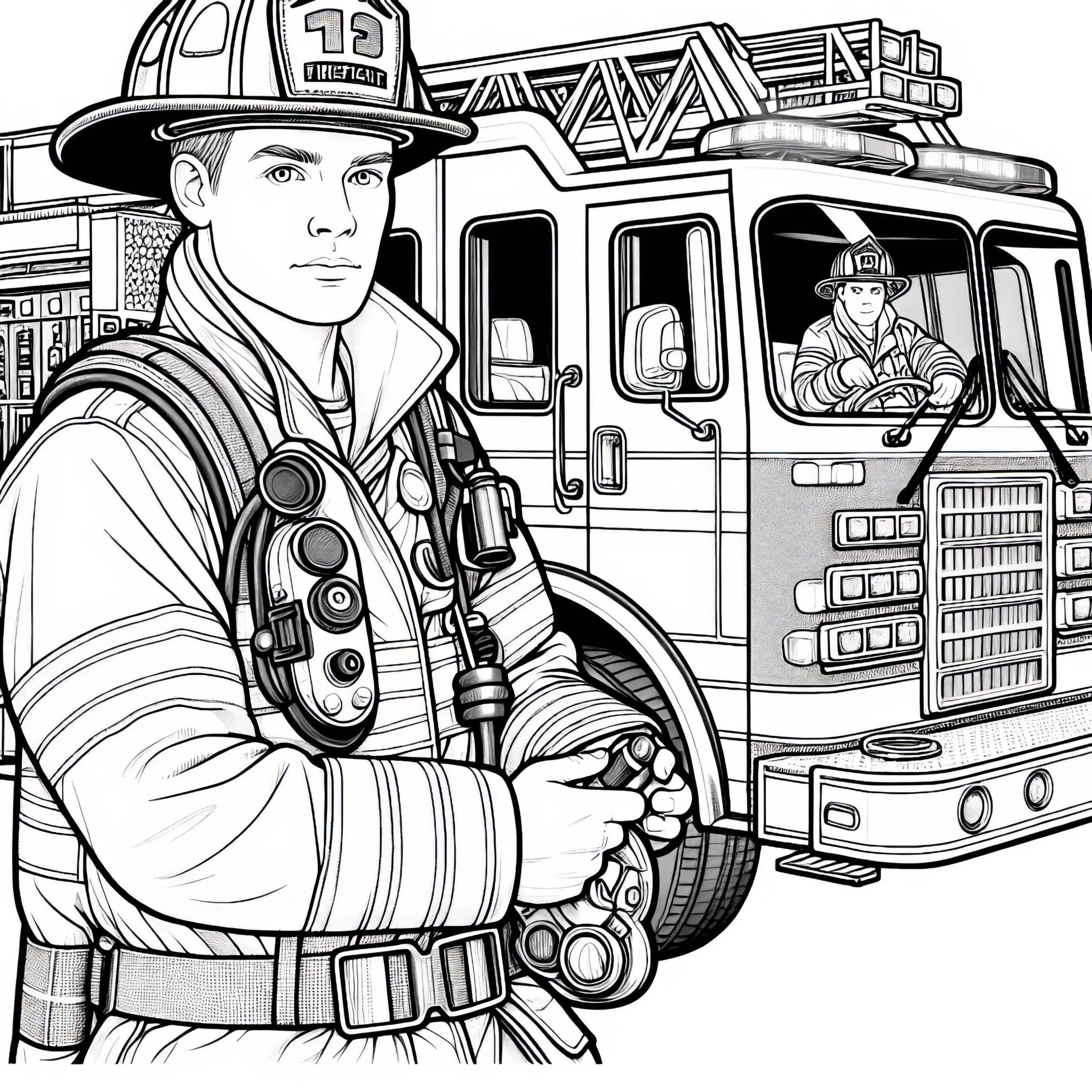 Feuerwehrmann fährt Feuerwehrauto – Ausmalbild detailreich kostenlos