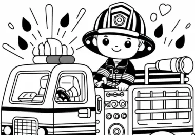 Feuerwehrmann fährt Feuerwehrauto mit Blaulicht – Malvorlage einfach kostenlos