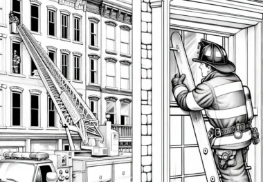 Feuerwehrmann klettert mit Leiter zu Fenster – Malvorlage detailreich kostenlos