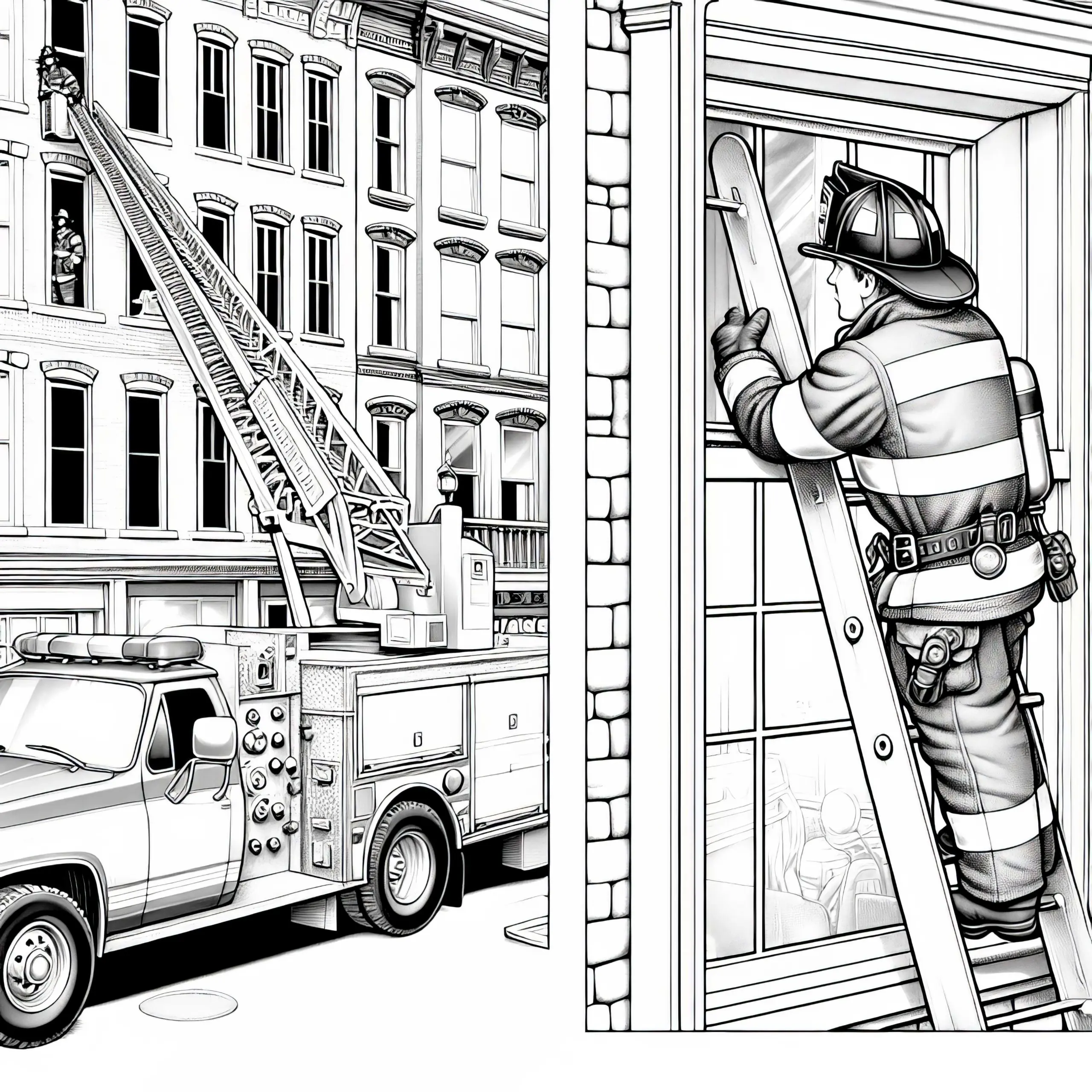 Feuerwehrmann klettert mit Leiter zu Fenster – Malvorlage detailreich kostenlos (Ausmalbild)