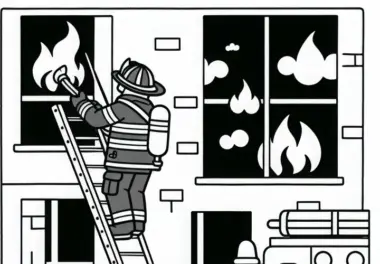 Feuerwehrmann klettert mit Leiter zu Fenster – Malvorlage einfach kostenlos