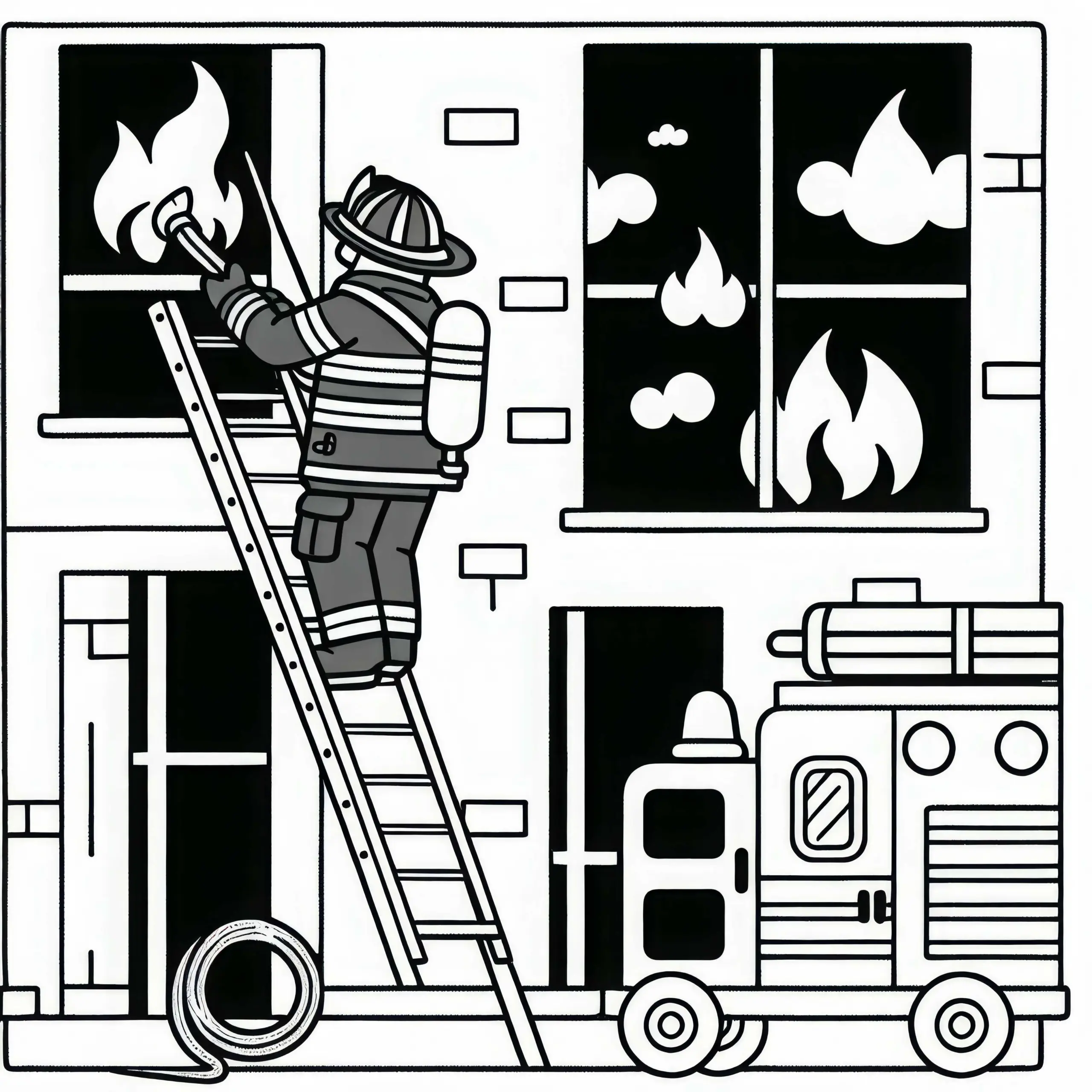 Feuerwehrmann klettert mit Leiter zu Fenster – Malvorlage einfach kostenlos (Ausmalbild)