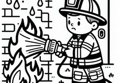 Feuerwehrmann löscht Feuer mit Wasserschlauch – Ausmalbild einfach kostenlos