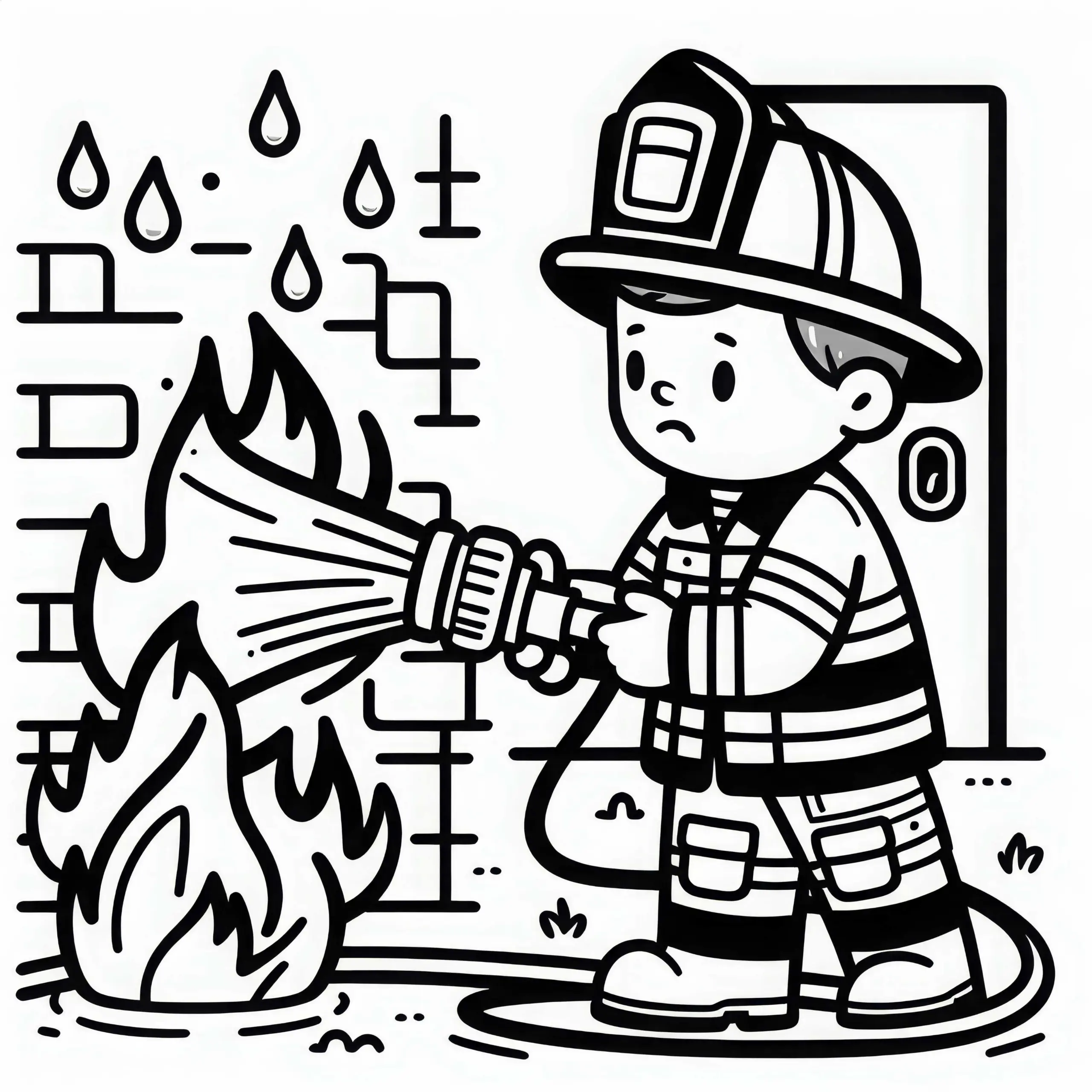 Feuerwehrmann löscht Feuer mit Wasserschlauch – Ausmalbild einfach kostenlos