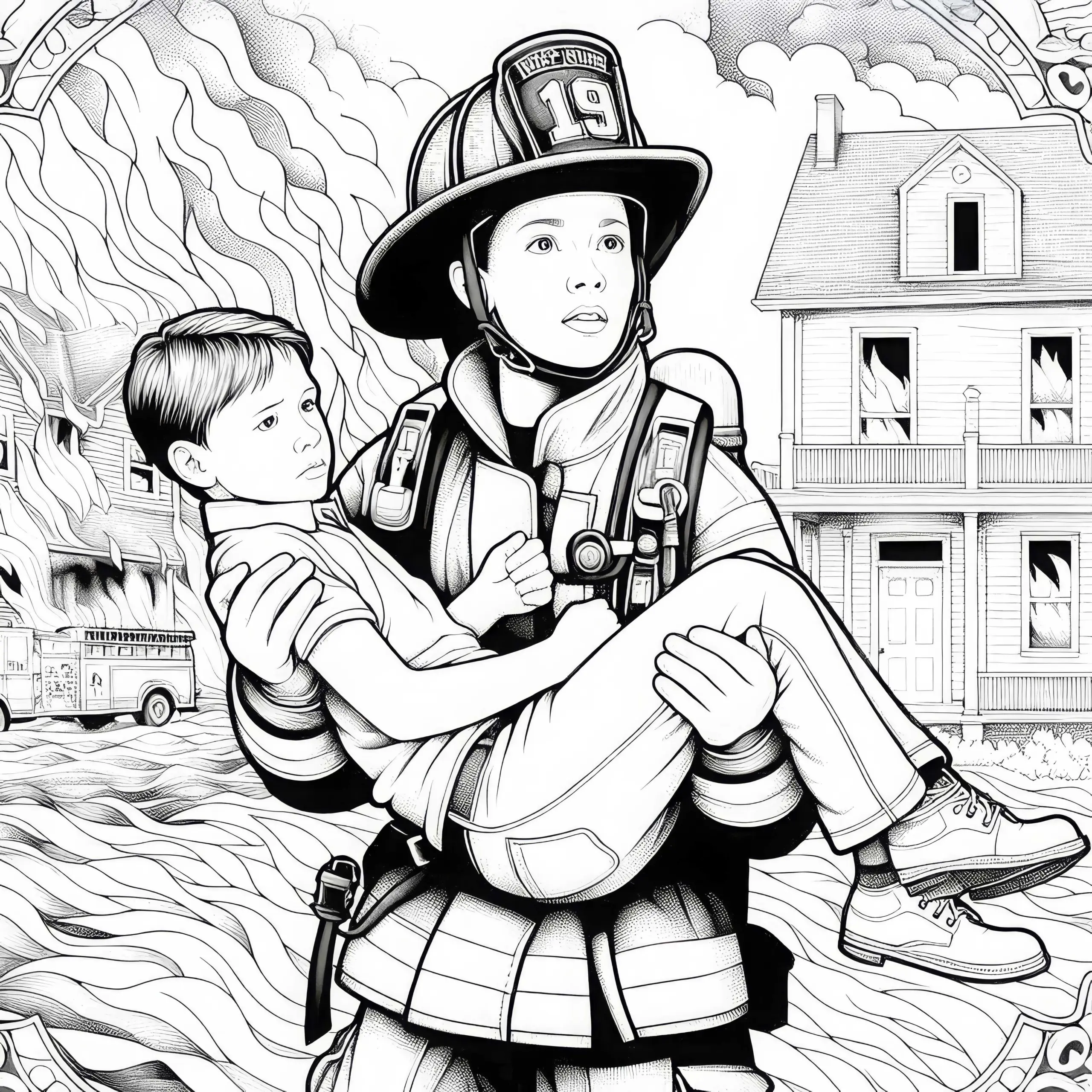Feuerwehrmann trägt ein Kind aus brennendem Gebäude – Ausmalbild