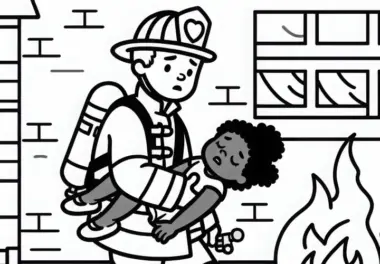 Feuerwehrmann trägt Kind aus brennendem Gebäude – Malvorlage einfach gratis