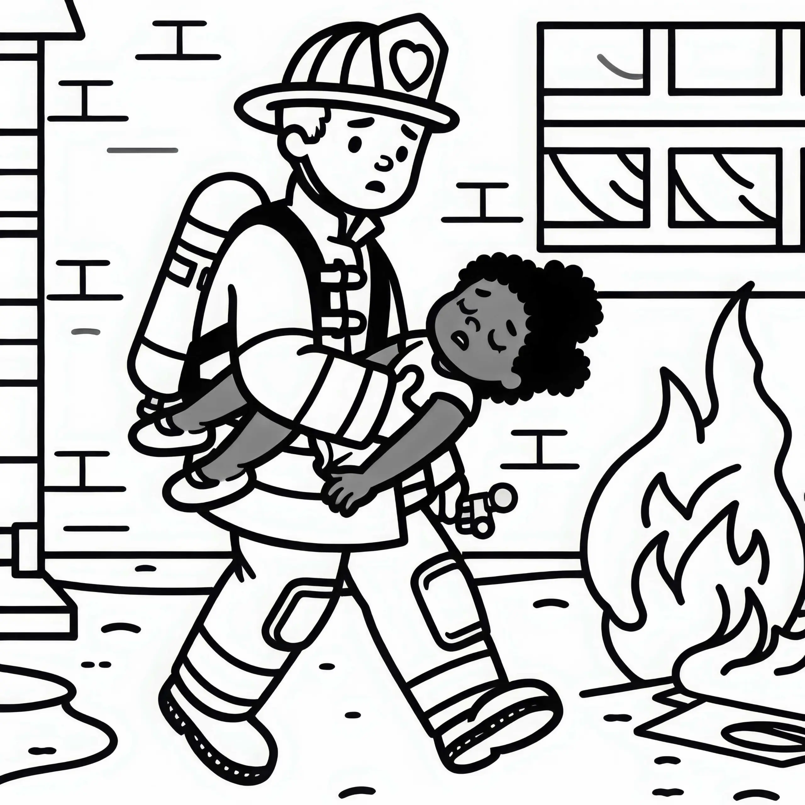 Feuerwehrmann trägt Kind aus brennendem Gebäude – Malvorlage einfach gratis (Ausmalbild)